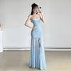 Blue Women's Summer Vacation Unique Beautiful Lace Mesh Camisole Dress Mermaid Hip Length Skirt