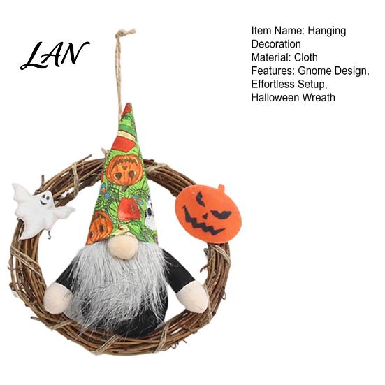 Rustic Halloween Decor Gnome Wreath, Faceless Rattan Hanging Decoration Handmade Wreath with Pumpkin Ghost for Front Door Wall Holiday Party