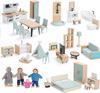 Giant Bean Wooden Dollhouse Furniture Set of 5 4 Family Blue Wooden and Plastic Dollhouse Pretend Play Furniture Christmas Birthday Gift for Boys and