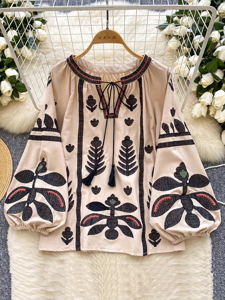 Весна Осень Новая Винтажная Рубашка с Рукавами-Фонариками Женская Вышитая Круглый Вырез Ремешок Свободная Повседневная Блузка Топ