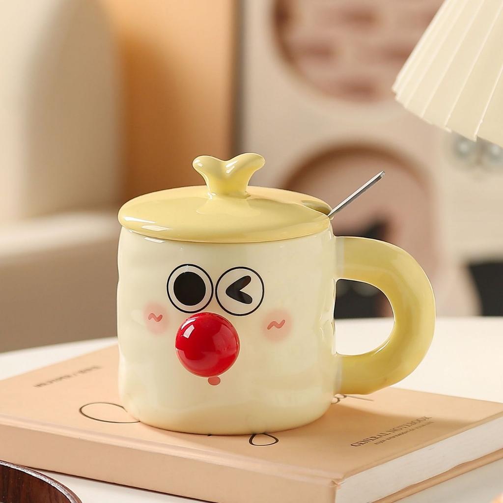 Cute Cartoon Ceramic Water Cups Couple Covered Mugs  Funny Expression Cups  Practical Gift Cups for Girls