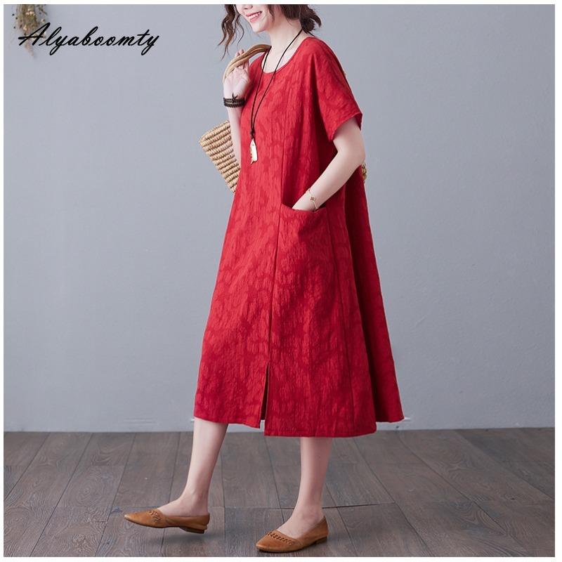 Плюс Размер Лето Женское Однотонное Платье А-силуэта Короткое Платье С О-образным Вырезом Красное Темно-синее Черное Зеленое Платье С Разрезом Жаккардовое Хлопковое Свободное Платье С Карманом
