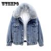 Зимняя короткая джинсовая хлопковая куртка сине-серого цвета с большим меховым воротником и утолщенным бархатом, теплая куртка, корейская мода