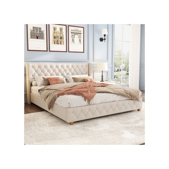 Lit capitonné - MUVOE - 160x200 cm - Lin beige - Sommier à lattes - Pieds en bois rond