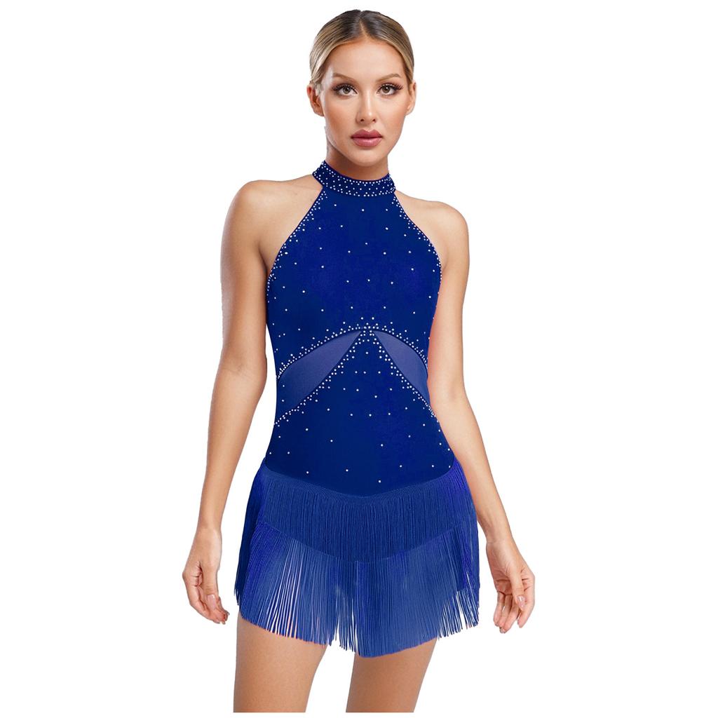 Женский латиноамериканский купальник с блестящими стразами, бахромой, сетчатыми вставками, с вырезом на спине, боди для выступлений