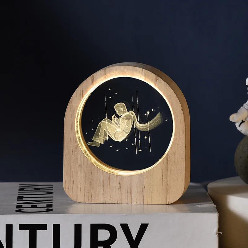 Креативная деревянная светящаяся основа 3D резной хрустальный шар Настольное украшение Подарок Маленький ночник Прикроватная офисная декорация Подарок