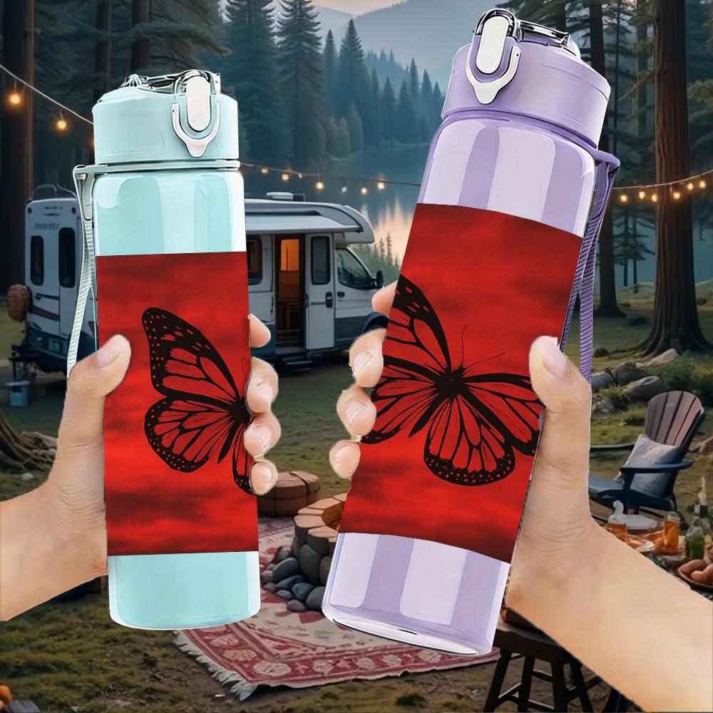 1PC Red Background Butterfly Art 750ml Color Plastic Sports Water Bottle Leakproof Flip Straw Lid Suitable for Sports Office Home Use