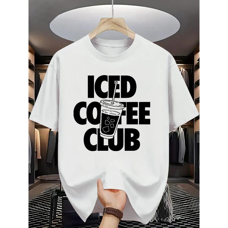 Европейские размеры Мужская графическая футболка "ICED COFFEE CLUB" - Ярко-оранжевая, Повседневная летняя футболка с дизайном кофейной чашки, Мягкая полиэстеровая ткань