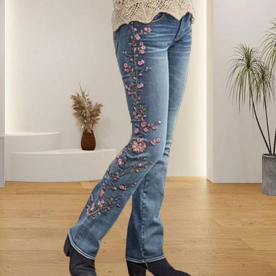 Yousheng Women's Flared Jeans Floral Embroidered High Waisted Bell Bottom Jeans Micro Elastic Slim Denim Pants with Pockets