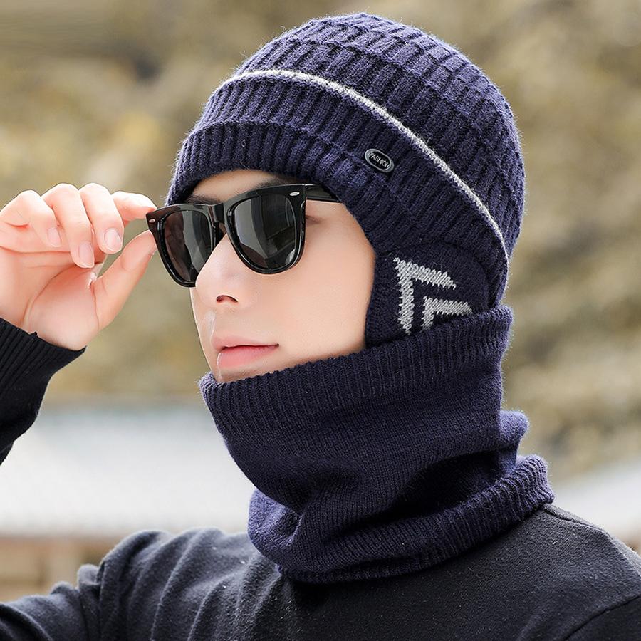 Вязаная шапка и шарф, комплект, мужская зимняя флисовая шерстяная шапка для людей среднего и пожилого возраста, толстая теплая шапка