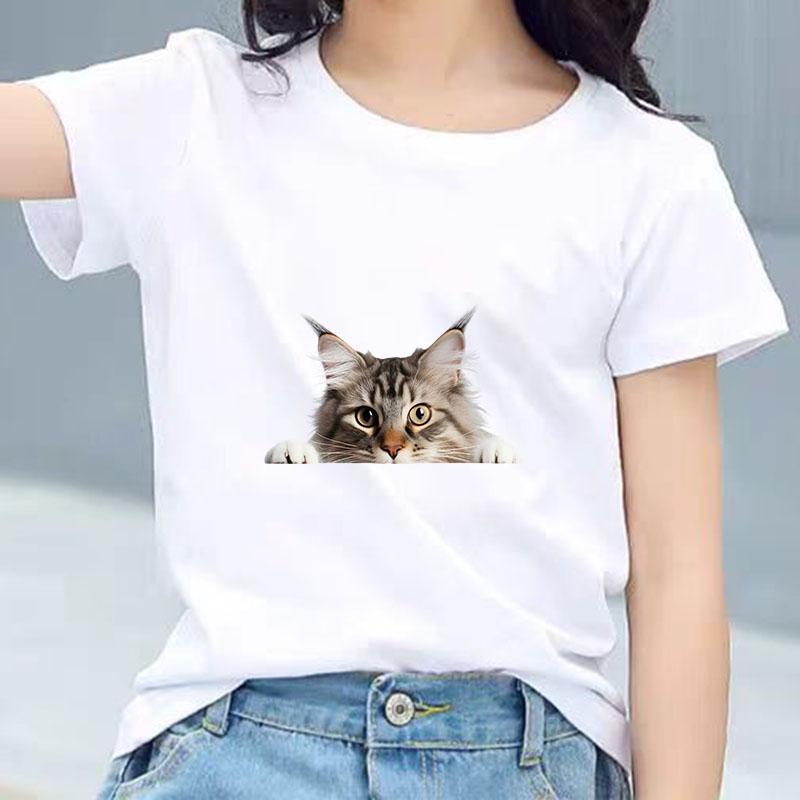 Kids Cotton T Shirt Peeking Maine Cat Pattern Print Crew Neck Short Sleeve Tee Casual Breathable Boys Girls Summer Tops