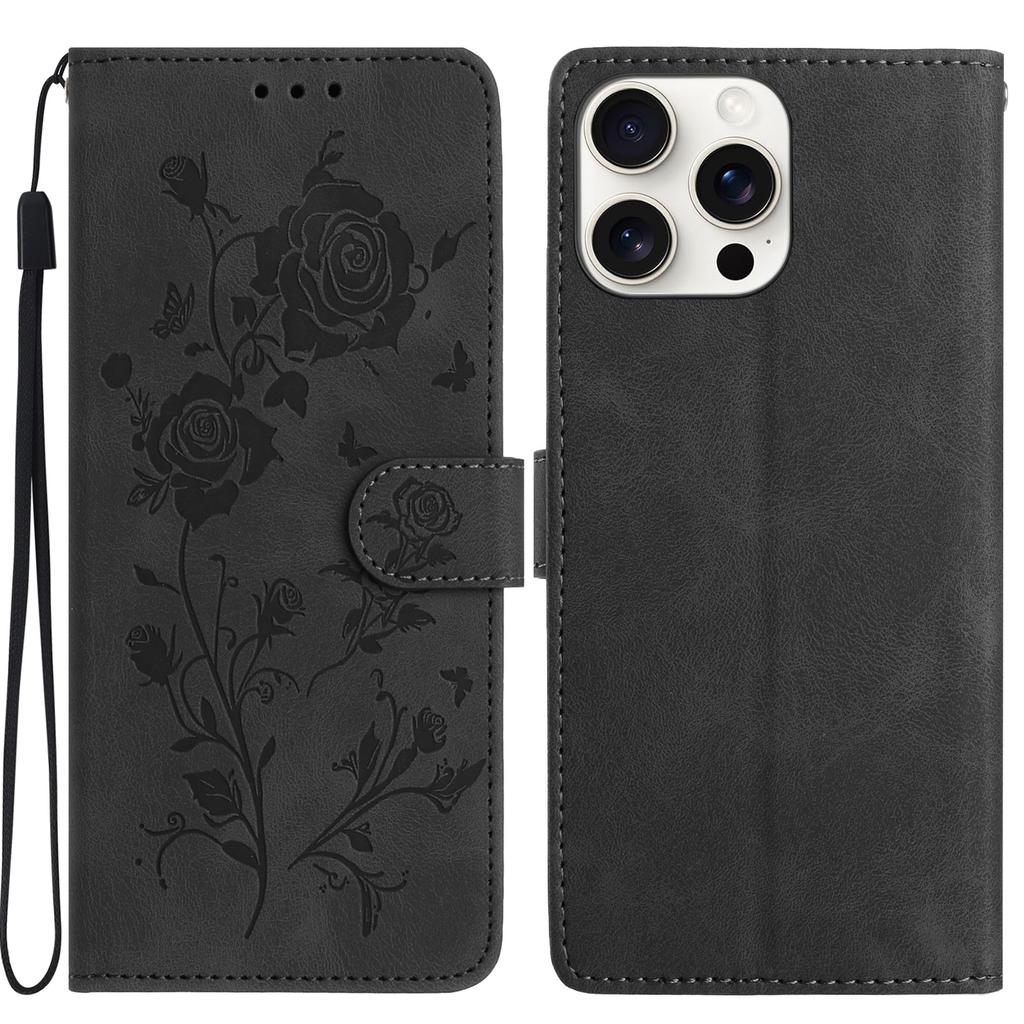 For iPhone 16 Pro Max Wallet Case Rose Pattern Imprinted Leather Flip Stand Phone Cover