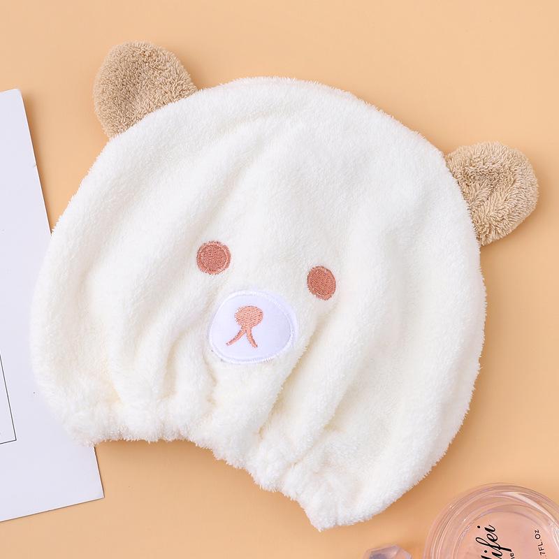 Cute Cartoon Bear Hair Drying Cap - Soft Absorbent Coral Fleece for Kids