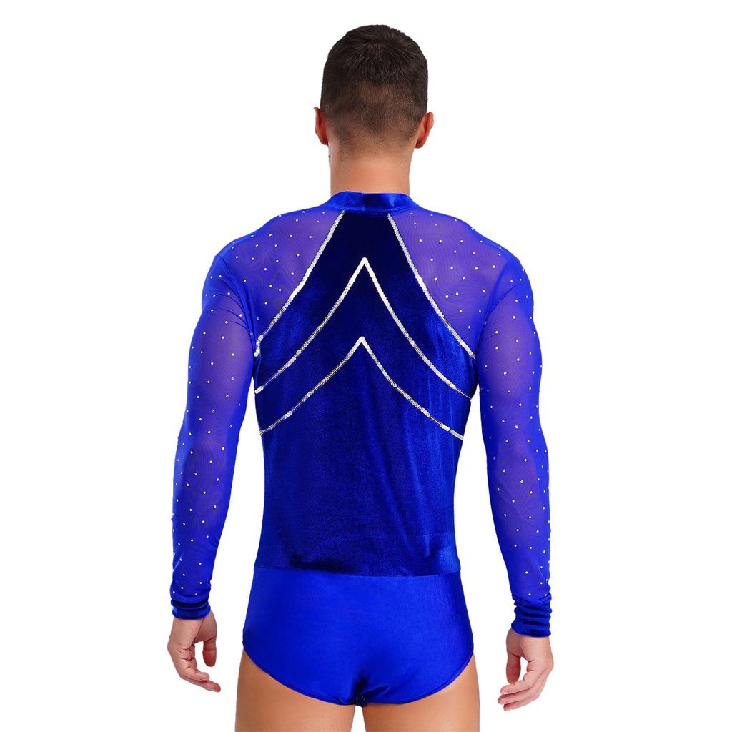 Men Latin Dance Leotard Mesh Long Sleeve Deep V Neck Velvet Shiny Rhinestones Bodysuit