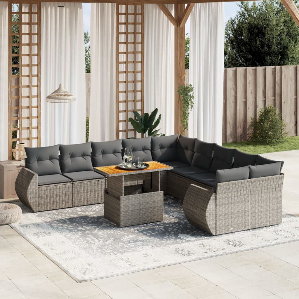 11 Piece Grey Garden Sofa Set with Cushions Poly Rattan
