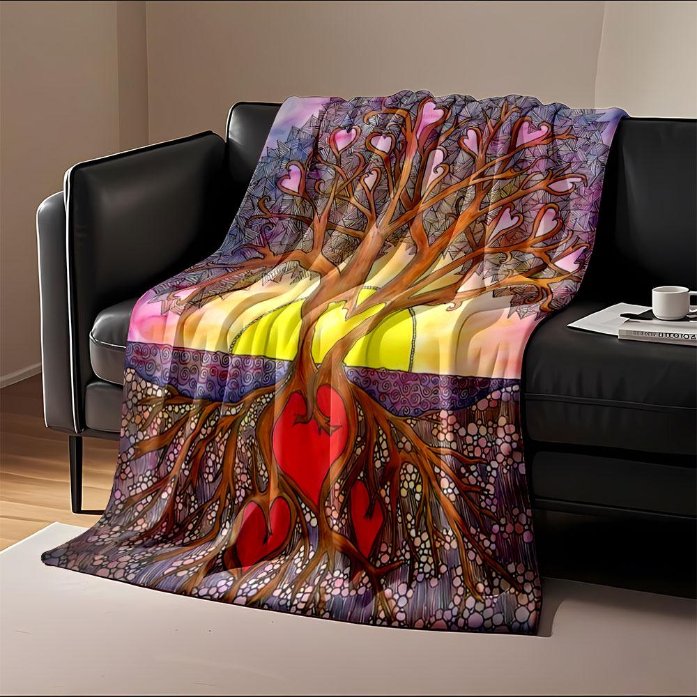 A tree with heart-shaped leaves and roots intertwined with red hearts. for all seasons blanket lunch break throw gift