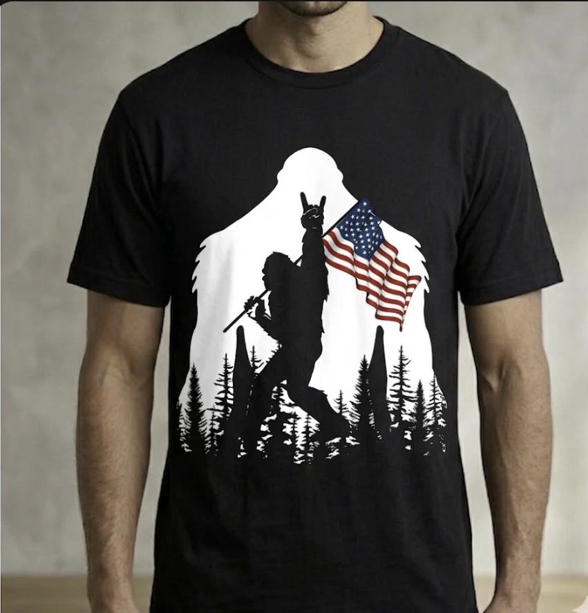 Bigfoot American Flag T-Shirt Patriotic Sasquatch Rock On Graphic Tee