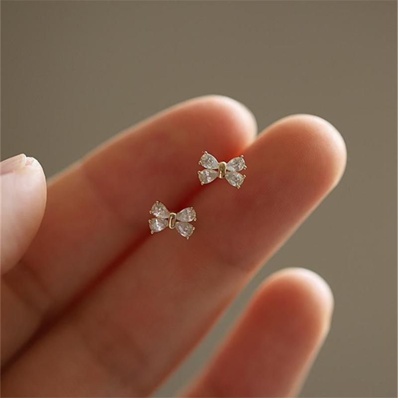 Korean Sweet Four Shiny Zircon Bow Stud Earrings for Women 925 Sterling Silver Temperament Jewelry