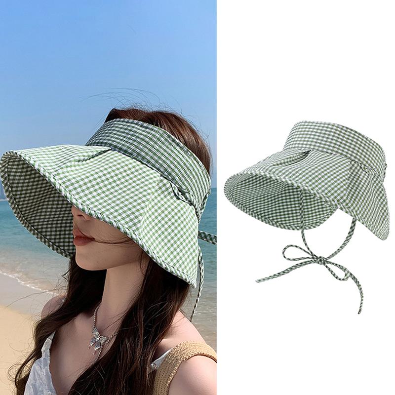 Летняя клетчатая шляпа от солнца, складная, с широкими полями, с пустым верхом, пляжная шляпа, дышащая, с защитой от ультрафиолета, для женщин, солнцезащитный козырек