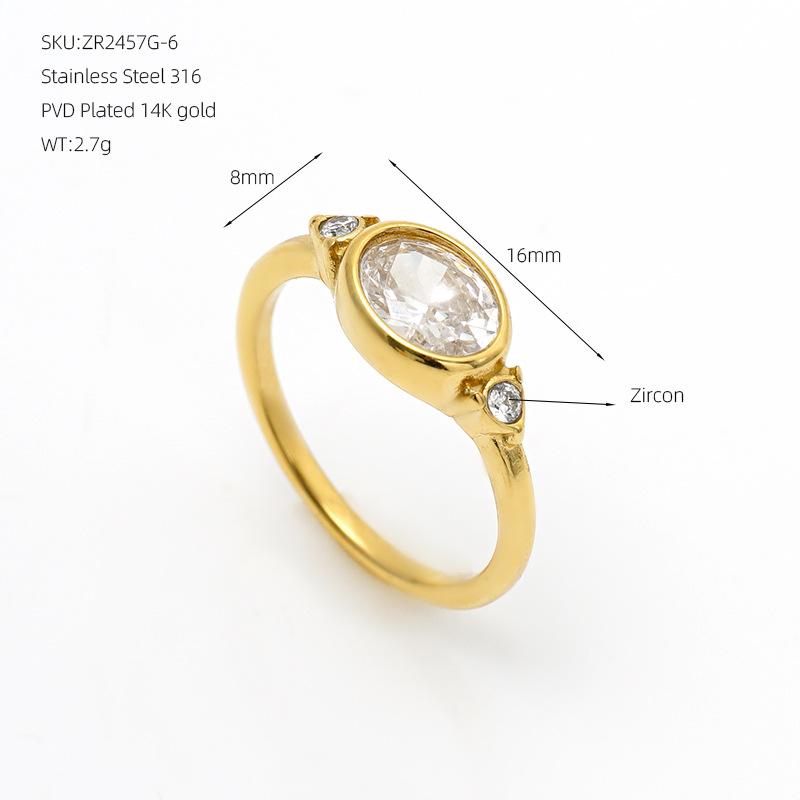 European and American fashion, light luxury, teardrop-shaped, closed-end stainless steel, plated14k Gold ring with cubic zirconia, a versatile ring