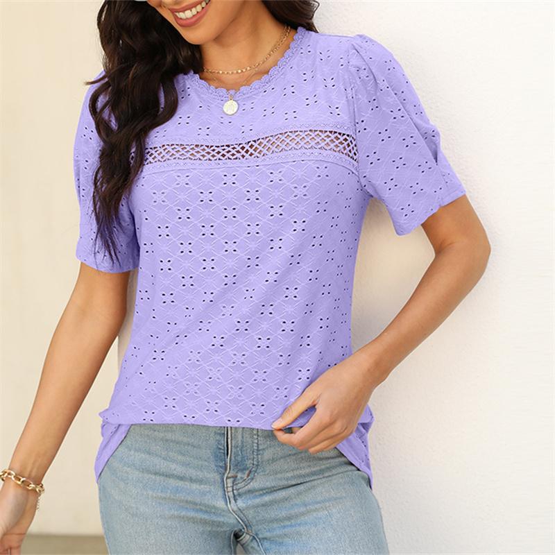 Летняя женская кружевная лоскутная блузка с коротким рукавом розового и белого цвета, повседневная женская пуловер с круглым вырезом, топ