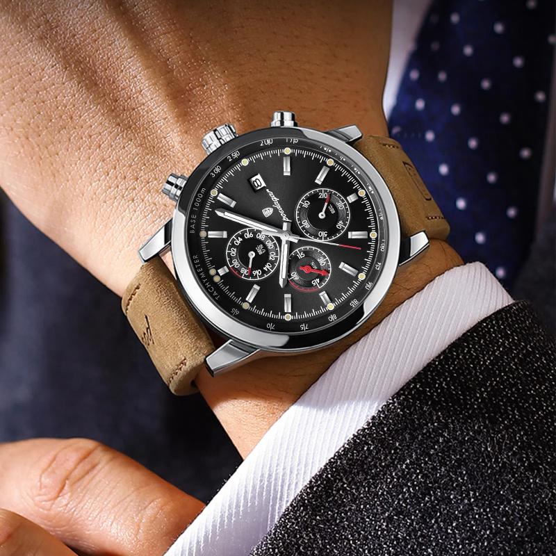 Новые мужские часы POEDAGAR Brand Luxury Leather Strap Водонепроницаемые спортивные кварцевые часы с хронографом, военные часы для мужчин