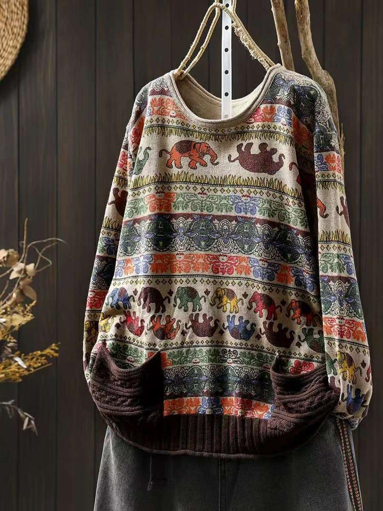 Johnature Woman Autumn Elephant Print Double Pockets Contrast Sweater Casual Loose Vintage Style O-Neck Sweater