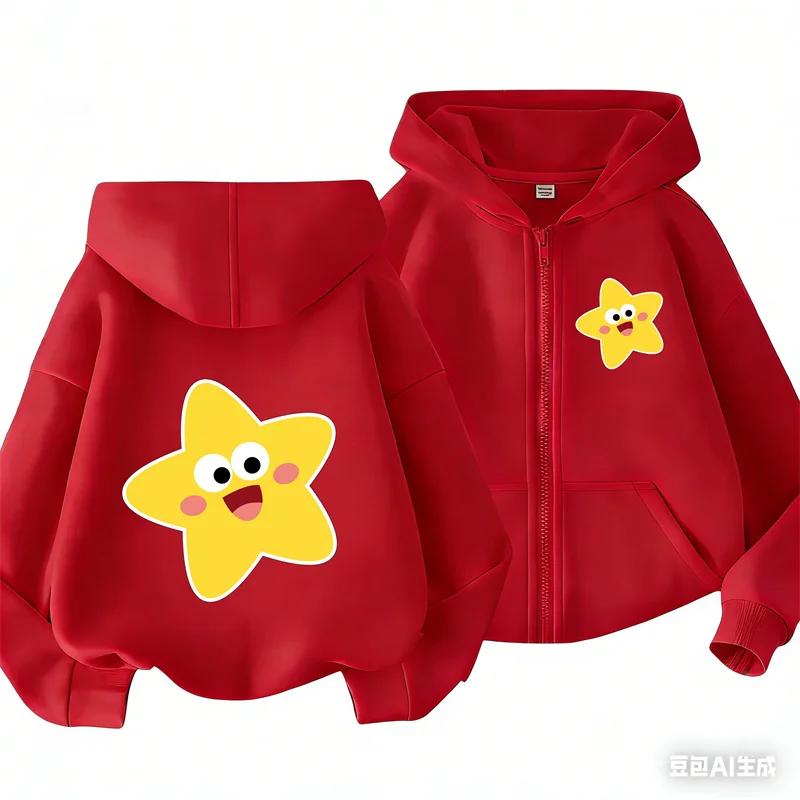 Cute Smiling Star Front Back Graphic Zip Up Hoodie For Kids Long Sleeve Loose Warm Daily Cartoon Print Boys Girls Jacket
