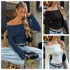 Elegant Slash-neck Ribbed Solid Crop Tops Autumn Skinny Off Shoulder Long Sleeve T Shirt French Gentle Tight T-shirts