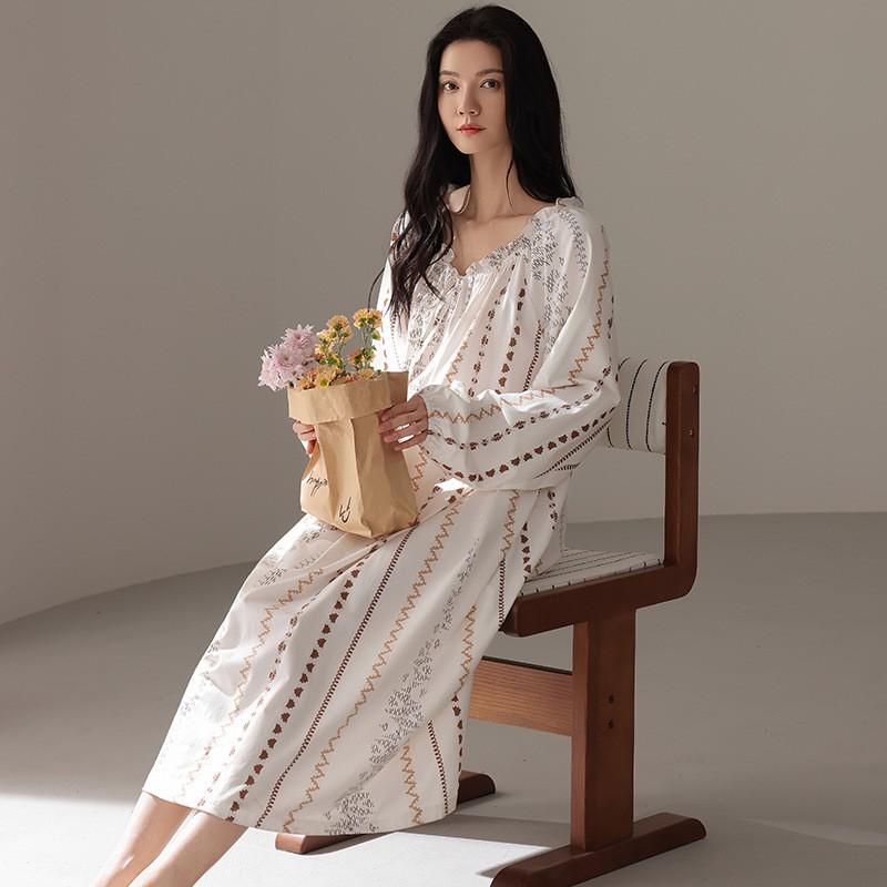 Womens Cotton Long Sleeve Nightgown Soft Loungewear Dress
