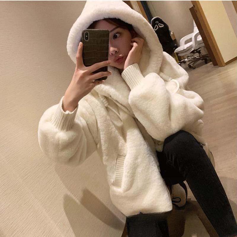 Женская модная теплая куртка из искусственного меха с капюшоном, свободное милое плюшевое пальто средней длины, свободное пальто осень-зима