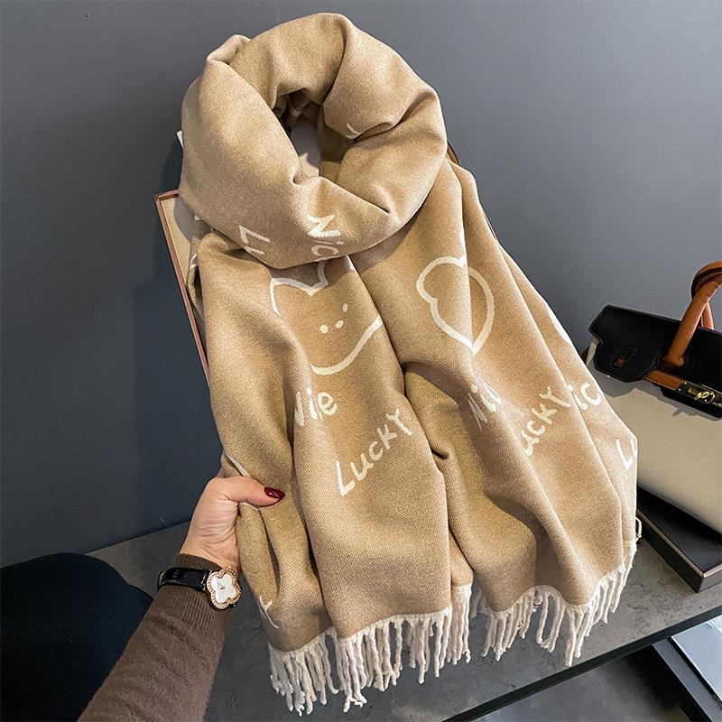 Korea Bear Head Scarf Cute Printed Tassel Fashionable Western B Style Retro Autumn and Winter Warm Shawl