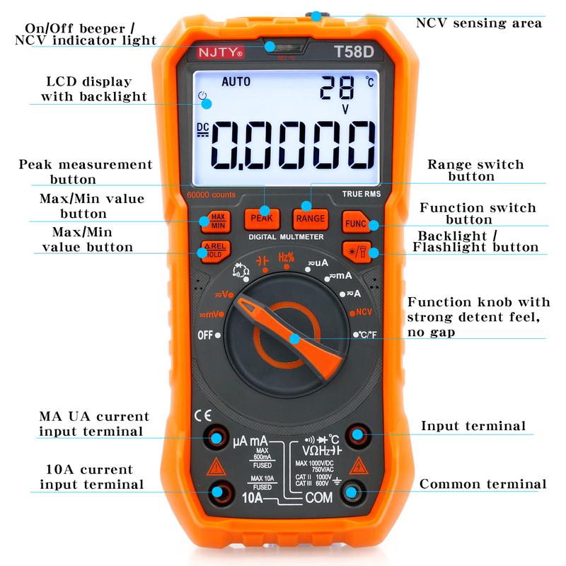 NJTY T-58D High-Precision Digital Multimeter, 60000 Counts, Smart Anti-Burn, Home/Professional Universal Meter