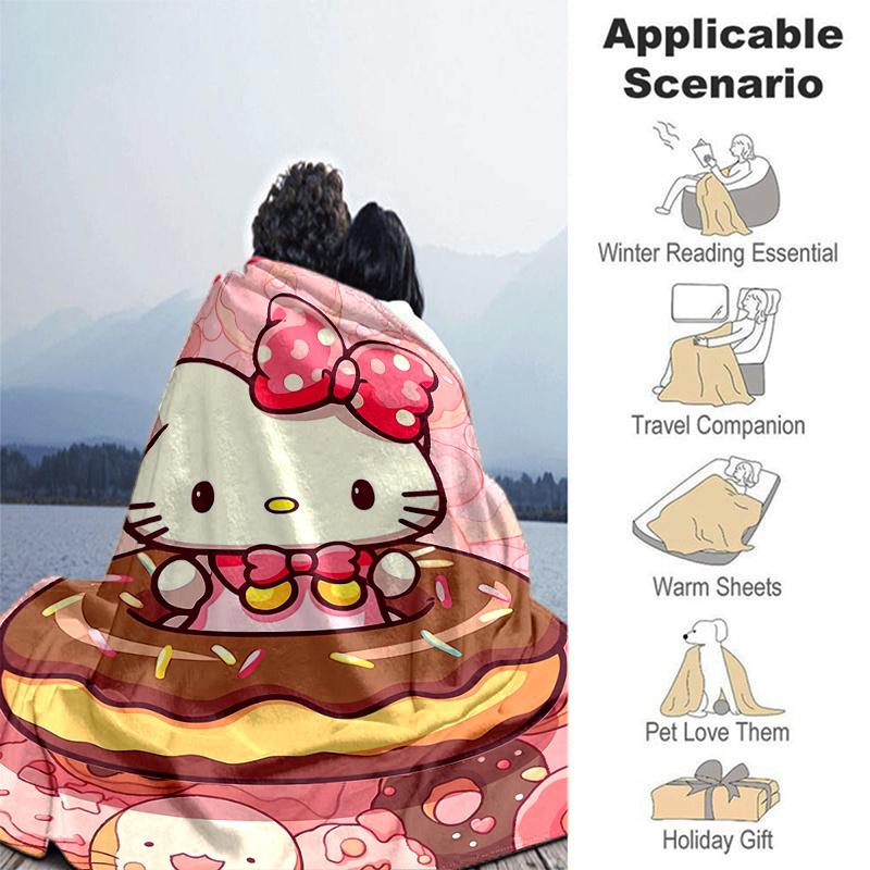 1 шт. Одеяло Hello Kitty "Doughnut Delight", Мягкое и теплое, Декор для дома, Подарок на все сезоны, Идеально для дивана, гостиной, путешествий, кемпинга, автомобиля