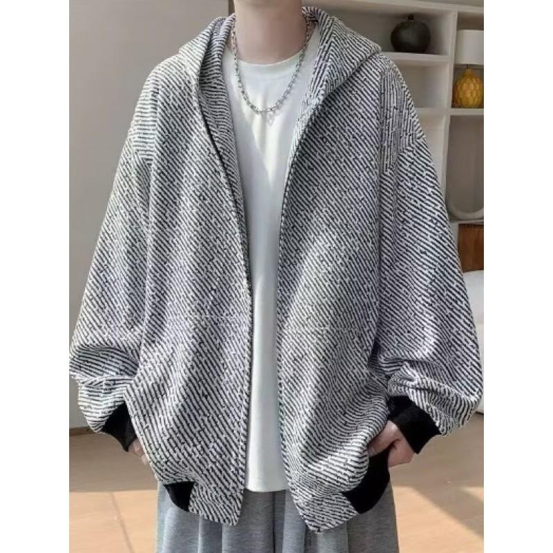 Unisex Hooded Zip-Up Sweatshirt Striped Casual Jacket Loose Fit Streetwear