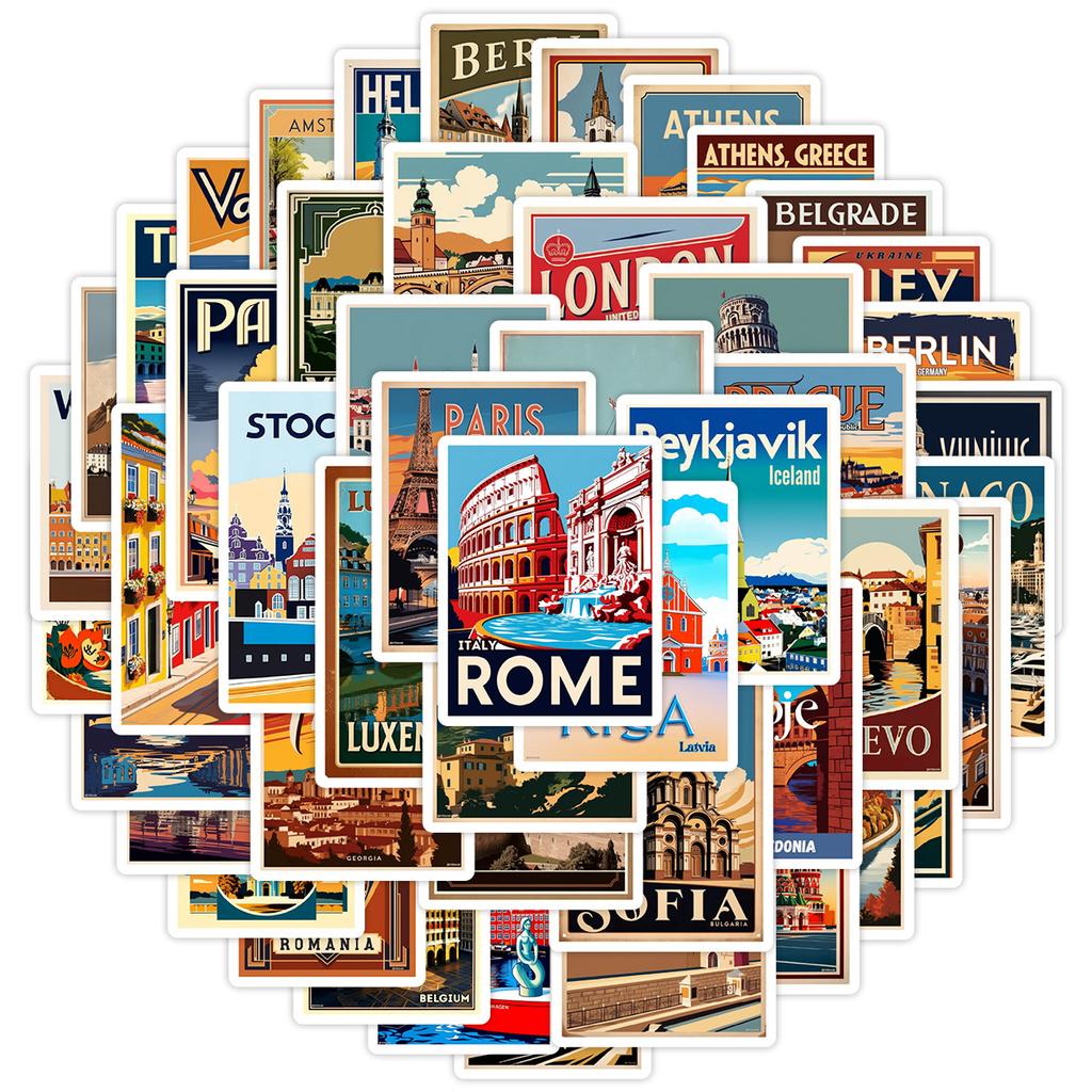 50 European Travel Graffiti Stickers Creative Travel Stickers Mobile Water Cup Hand Account DIY Waterproof Stickers