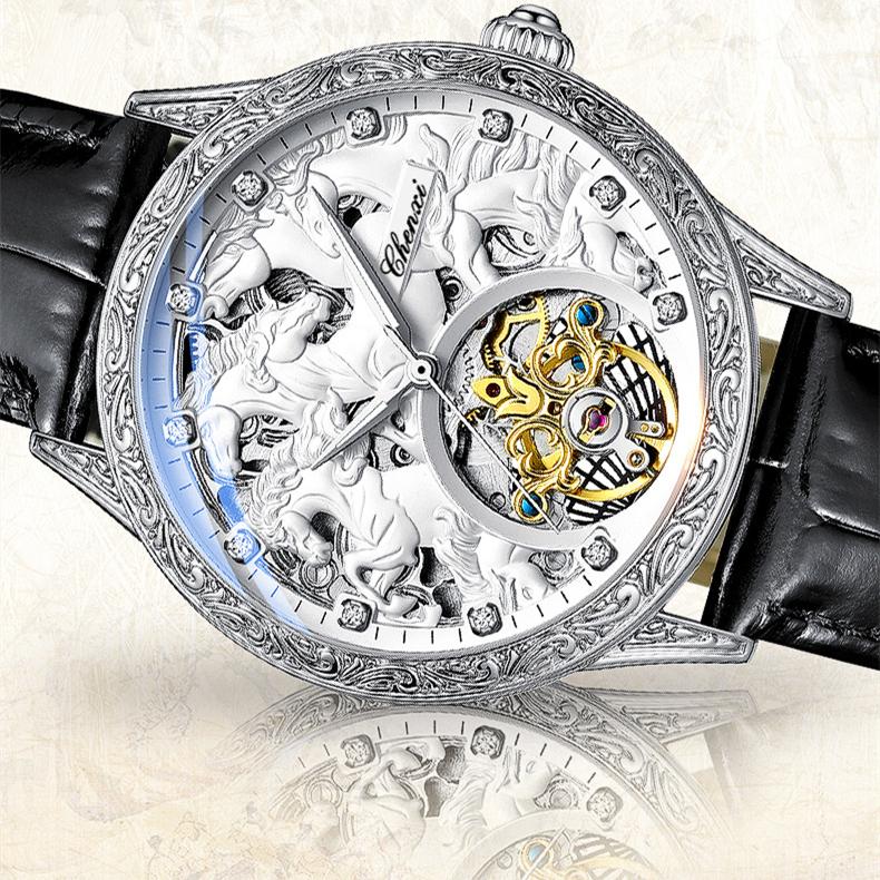 Новые роскошные мужские часы ТОП-бренда с коробкой, автоматические полые водонепроницаемые мужские механические часы с маховиком и восемью конями