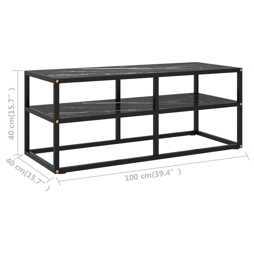 Black TV Stand with Black Marble Effect Glass 100 x 40 x 40 cm