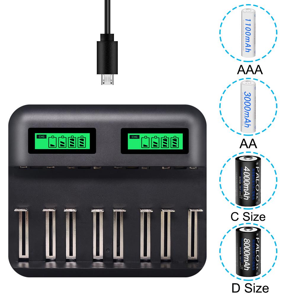 PALO 8-слотовый ЖК-дисплей, USB-умное зарядное устройство для аккумулятора AA AAA SC, размер компакт-диска, аккумуляторная батарея 1,2 В, Ni-MH Ni-CD, быстрое зарядное устройство