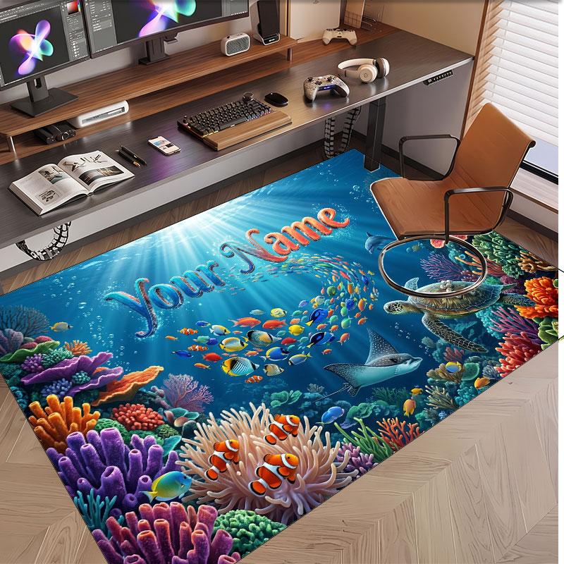 Fish Ocean Theme Soft Crystal Velvet Rug Custom Name & Text Print Non Slip Floor Rug for Bedroom Living Room