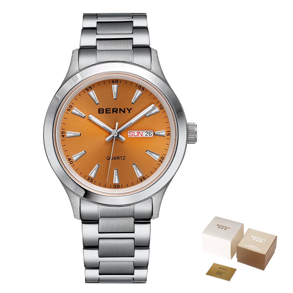 BERNY Men Quartz Watch Fashion Texture Wristwatch for Men Ultra Thin Men Watch Calendar Luminous Stainless Steel Dress Watches