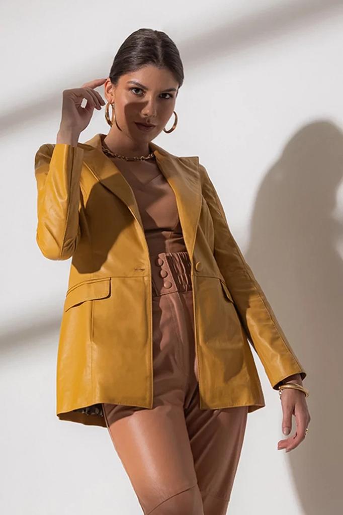 Leather Party Wear Stylish Blazer Yellow Button Genuine Women's Real Lambskin