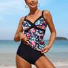 CHARMLEAKS Two Pieces Tankini Set For Women Retro Vintage Flower Print V Neck High Waist Swimsuit