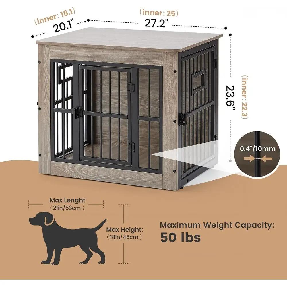 Rustic Grey 27 Heavy Duty Dog Crate Furniture, Wooden Kennel Indoor, Small Dog End Table without Bowls