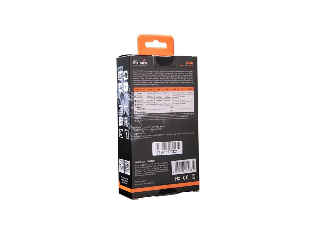 Fenix E35R Max 3100 Алюминиевый IP68 Фонарь для чрезвычайных ситуаций и наружного использования, Люмены, Перезаряжаемый через USB-C, Строительство, Водонепроницаемый, Тактический, EDC,