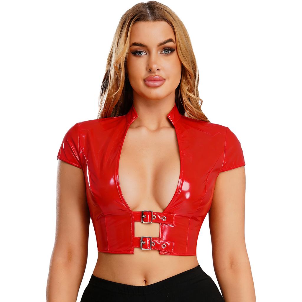 Womens Wet Look PU Crop Top Open Front Adjustable Buckles Cap Sleeve Crop Corset Glossy Clubwear