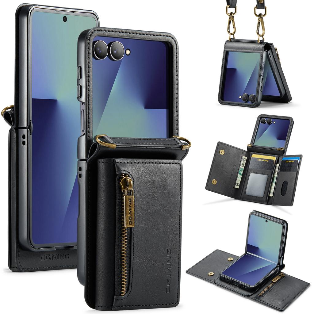 DG.MING M5 Series for Samsung Galaxy Z Flip7 5G Case RFID Blocking Card Slots Leather+PC Phone Cover