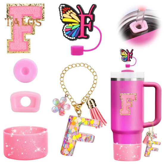 Набор из 6 аксессуаров для стакана, наклейки с буквами, бабочка, соломенная крышка, чехол для чашки, многоразовые, легко моющиеся декоративные аксессуары для стакана Stanley