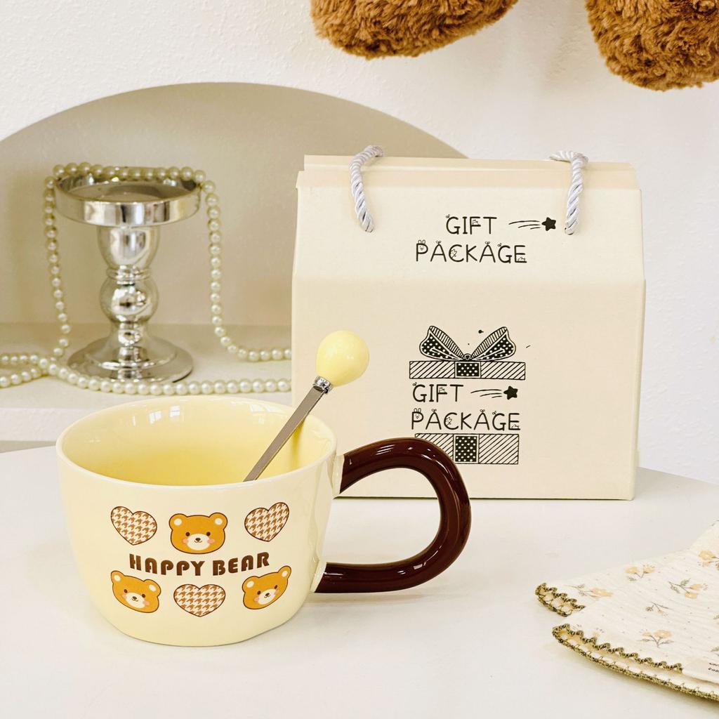 Милая кружка с медведем, кружка с животным, с крышкой и ложкой, в стиле инс, набор керамических кружек для девочек, чашка для завтрака, для офиса