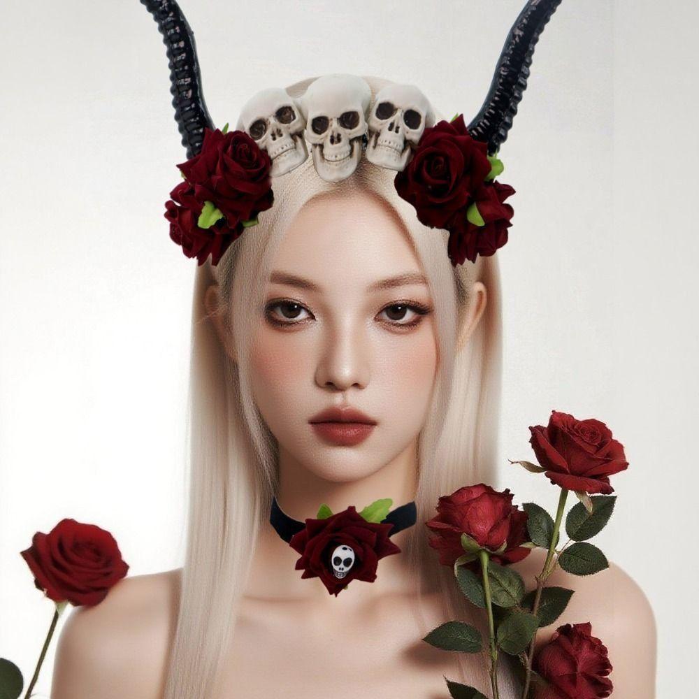 Skull Ox Horns Headband Gothic Style Red Rose Headband Hairbands Sheep Horn Hairband Costume Party